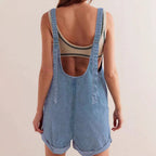 Women's Sleeveless Denim Romper with Scoop Neckline and Front Pockets 3