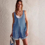Women's Sleeveless Denim Romper with Scoop Neckline and Front Pockets 4