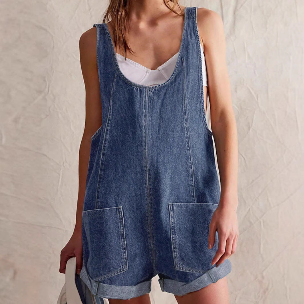 Women's Sleeveless Denim Romper with Scoop Neckline and Front Pockets 5