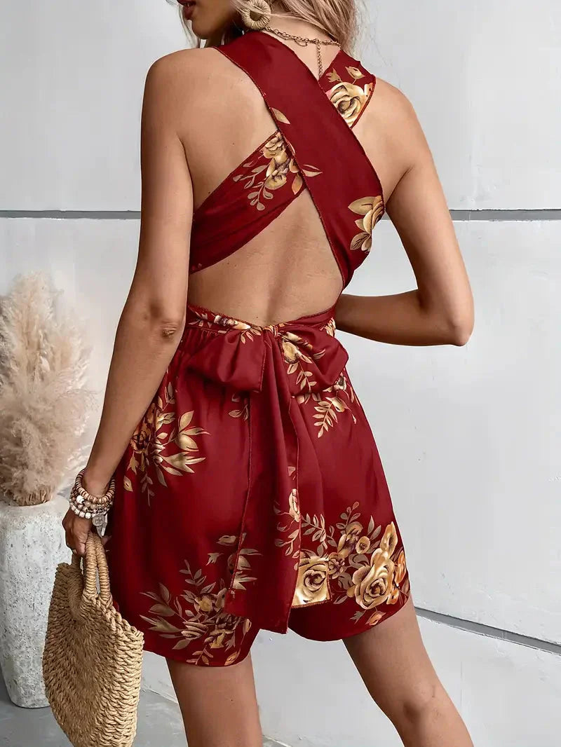 Women's Sleeveless Floral Print Romper with Cross Back Detail 10