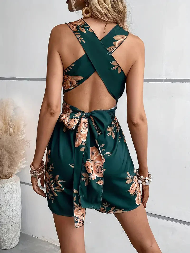Women's Sleeveless Floral Print Romper with Cross Back Detail 7