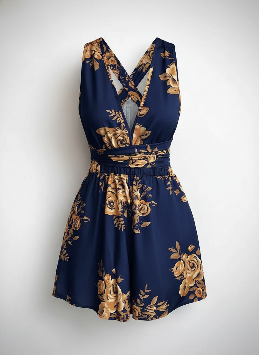Women's Sleeveless Floral Print Romper with Cross Back Detail 1