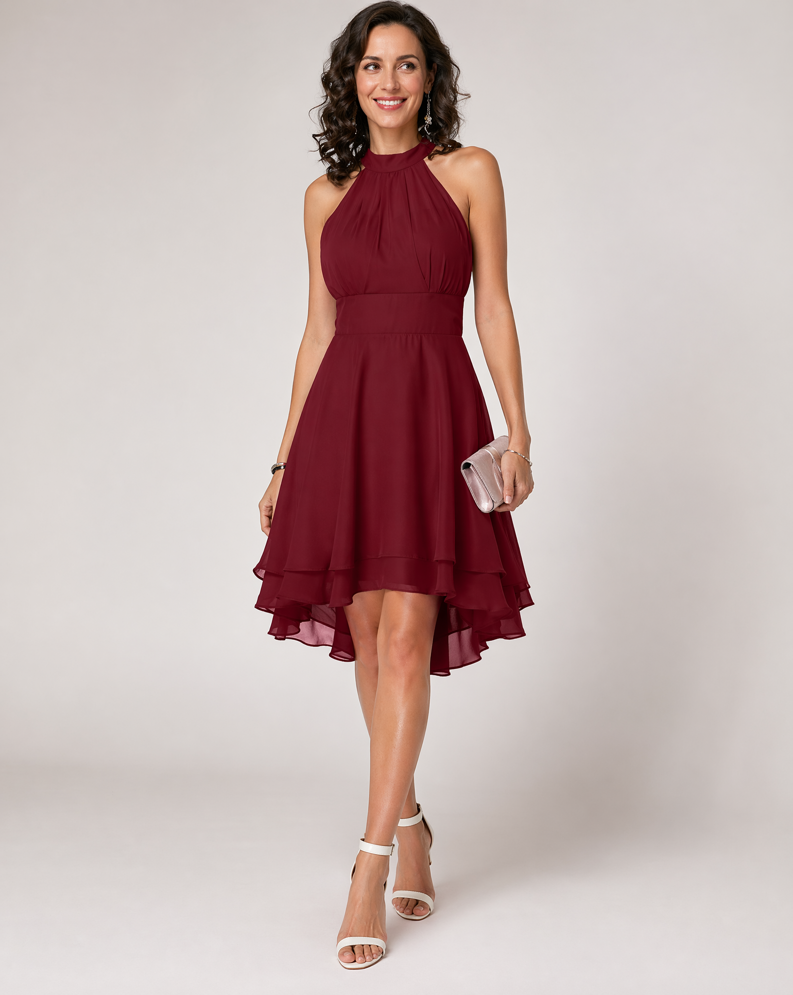 Women's Sleeveless Halter Neck Midi Dress with Layered Hem 1