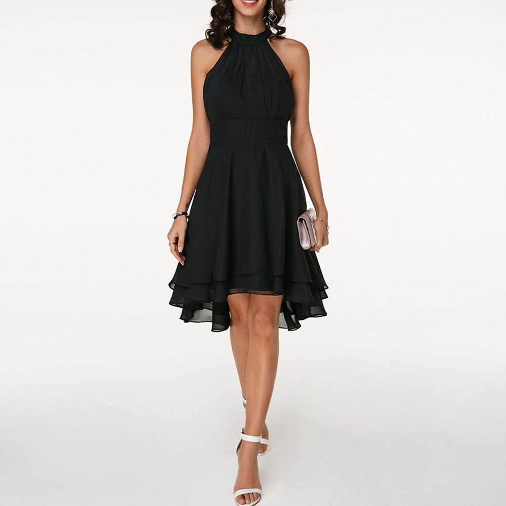 Women's Sleeveless Halter Neck Midi Dress with Layered Hem 11