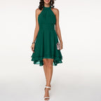 Women's Sleeveless Halter Neck Midi Dress with Layered Hem 13