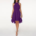 Women's Sleeveless Halter Neck Midi Dress with Layered Hem 14