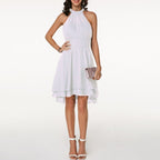 Women's Sleeveless Halter Neck Midi Dress with Layered Hem 15