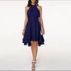 Women's Sleeveless Halter Neck Midi Dress with Layered Hem 16