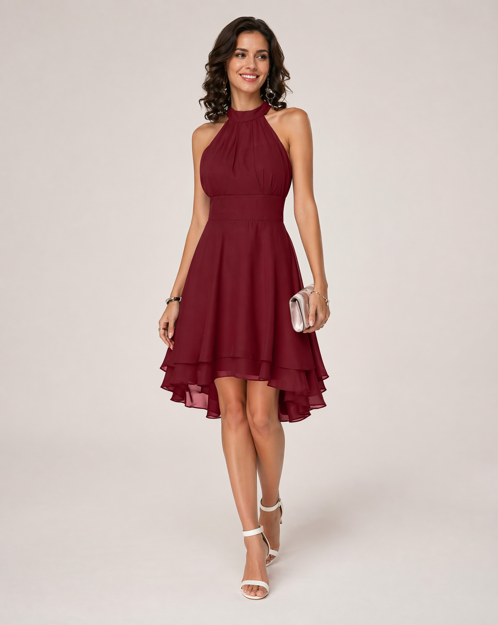 Women's Sleeveless Halter Neck Midi Dress with Layered Hem 5