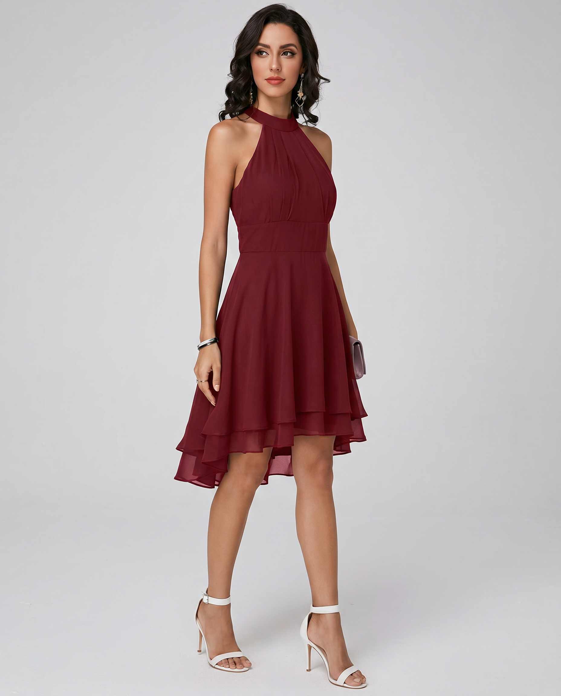 Women's Sleeveless Halter Neck Midi Dress with Layered Hem 6