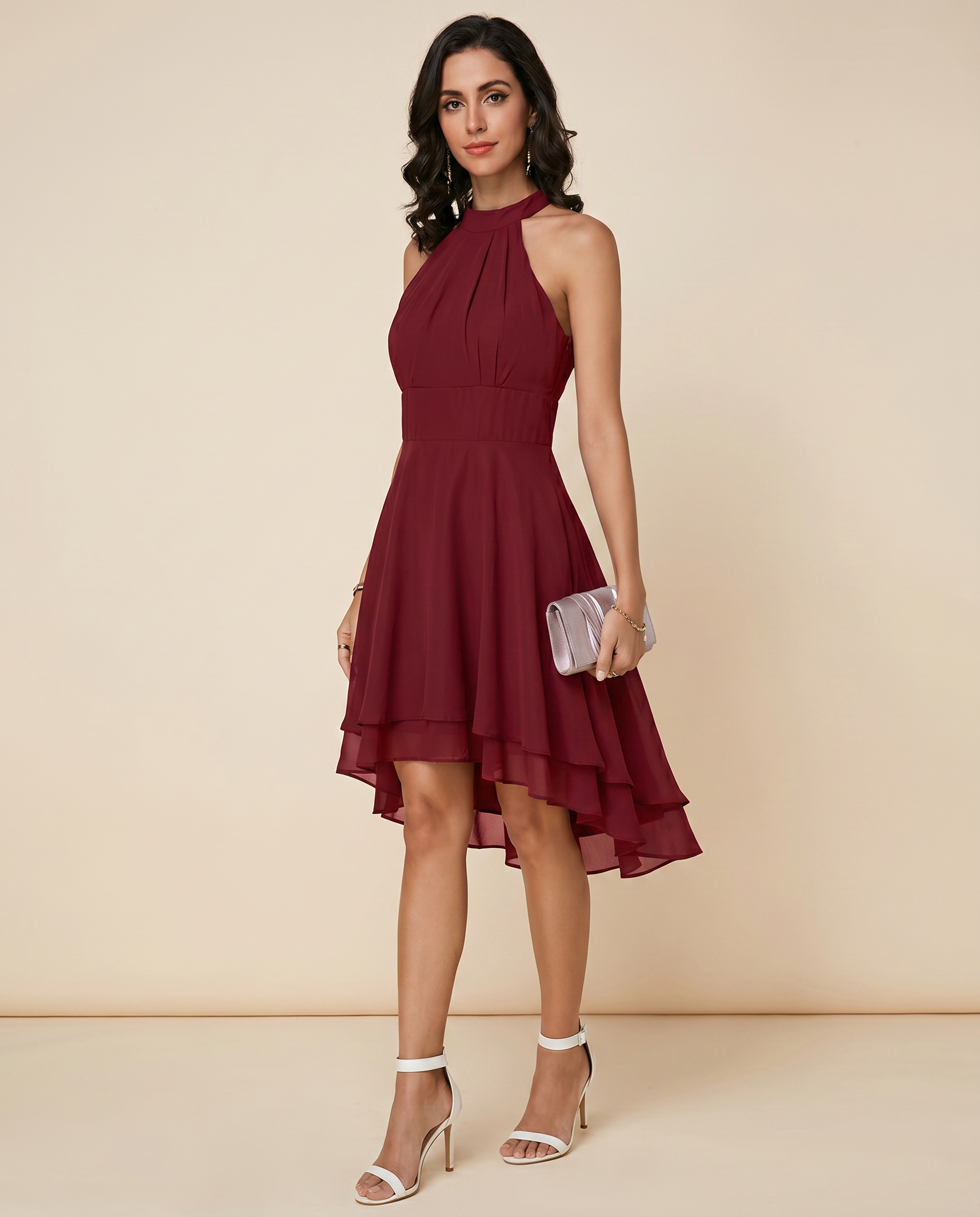 Women's Sleeveless Halter Neck Midi Dress with Layered Hem 7
