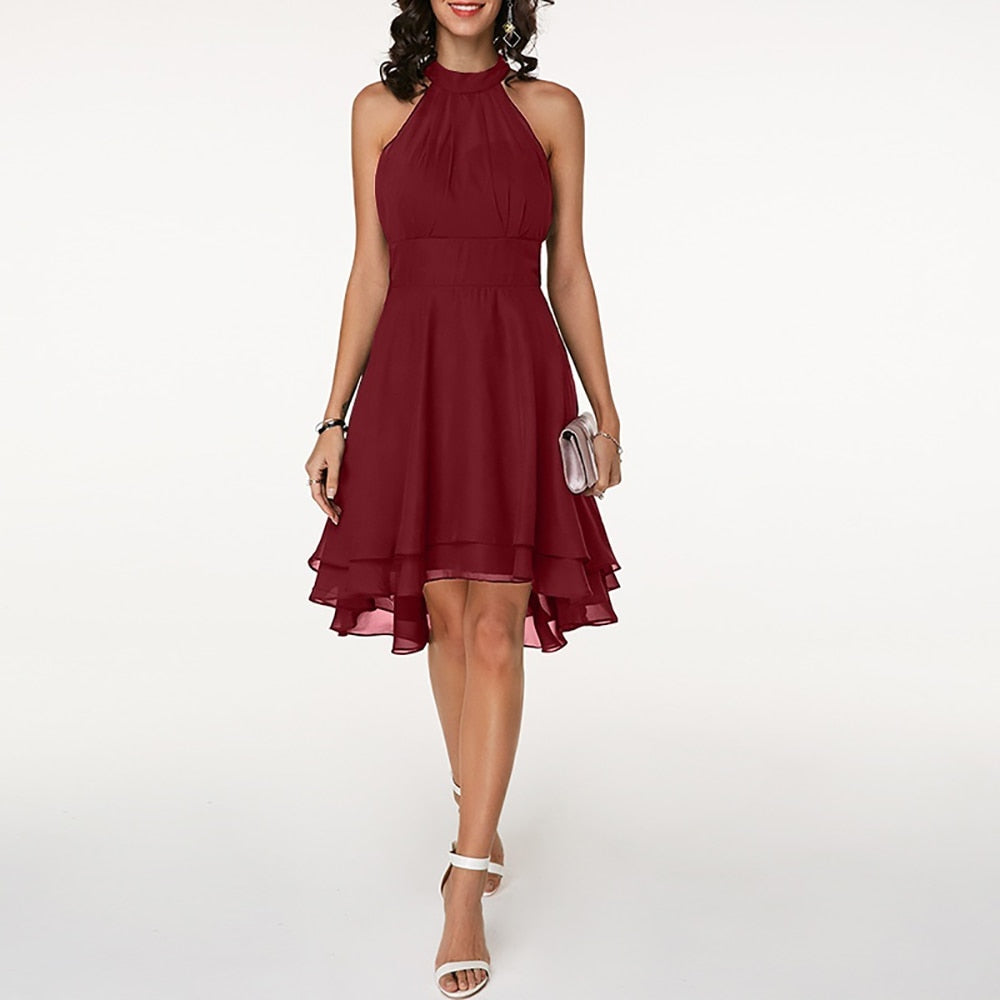 Women's Sleeveless Halter Neck Midi Dress with Layered Hem 8