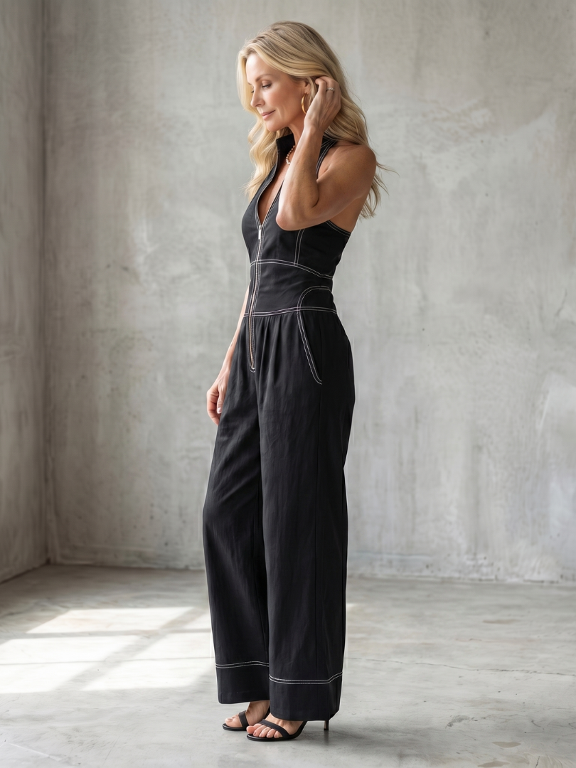 Women's Sleeveless Halter Wide Leg Jumpsuit with Contrast Stitching 2