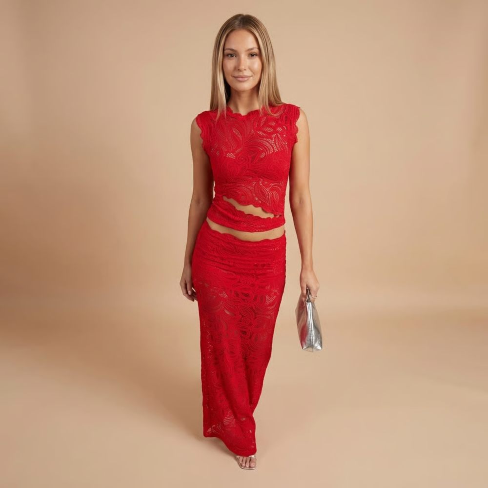Women's Sleeveless High-Neck Lace Crop Top and Maxi Skirt Set 1