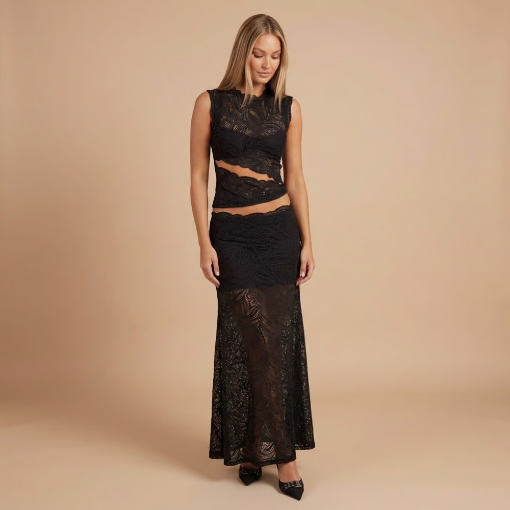 Women's Sleeveless High-Neck Lace Crop Top and Maxi Skirt Set 5