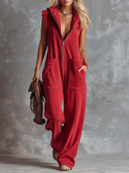 Women's Sleeveless Hooded Jumpsuit with Front Zip and Side Pockets 1