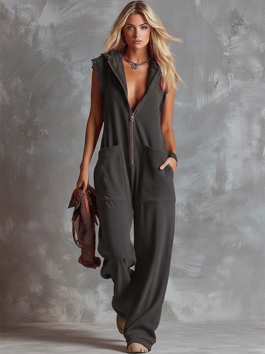 Women's Sleeveless Hooded Jumpsuit with Front Zip and Side Pockets 2