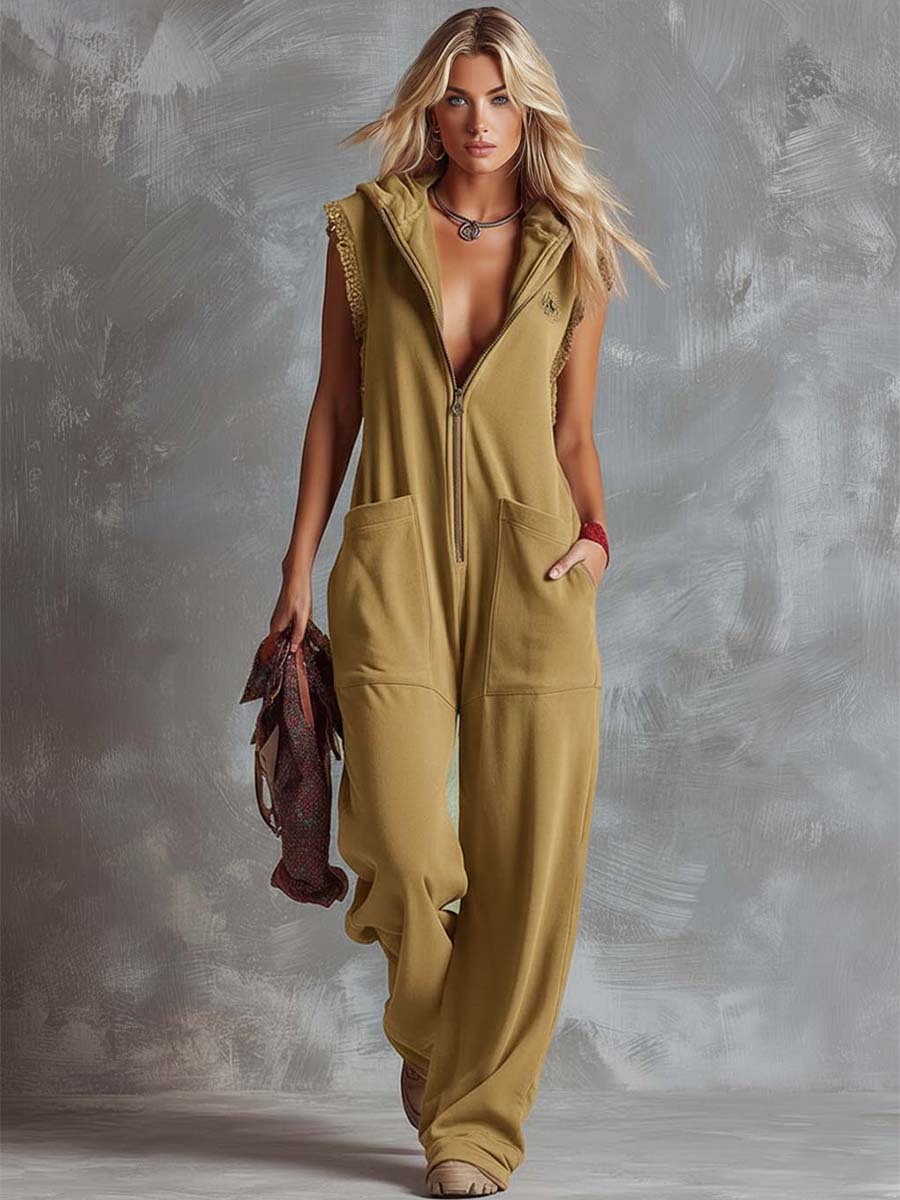 Women's Sleeveless Hooded Jumpsuit with Front Zip and Side Pockets 3