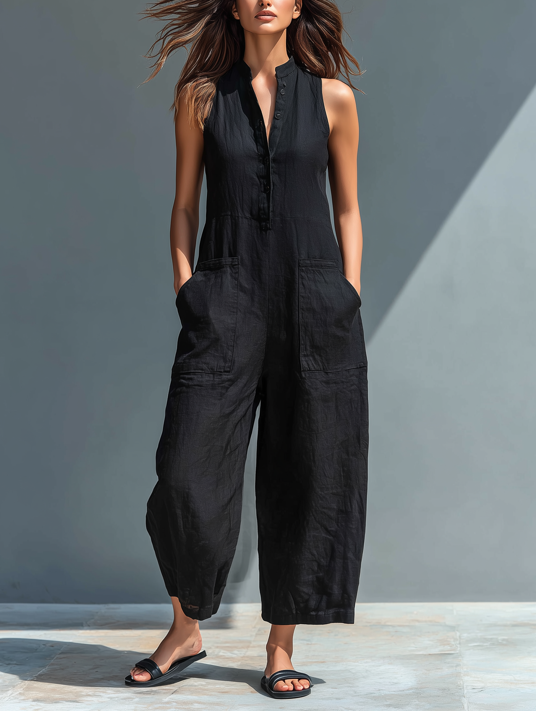 Women's Sleeveless Jumpsuit with Mandarin Collar and Relaxed Fit 2