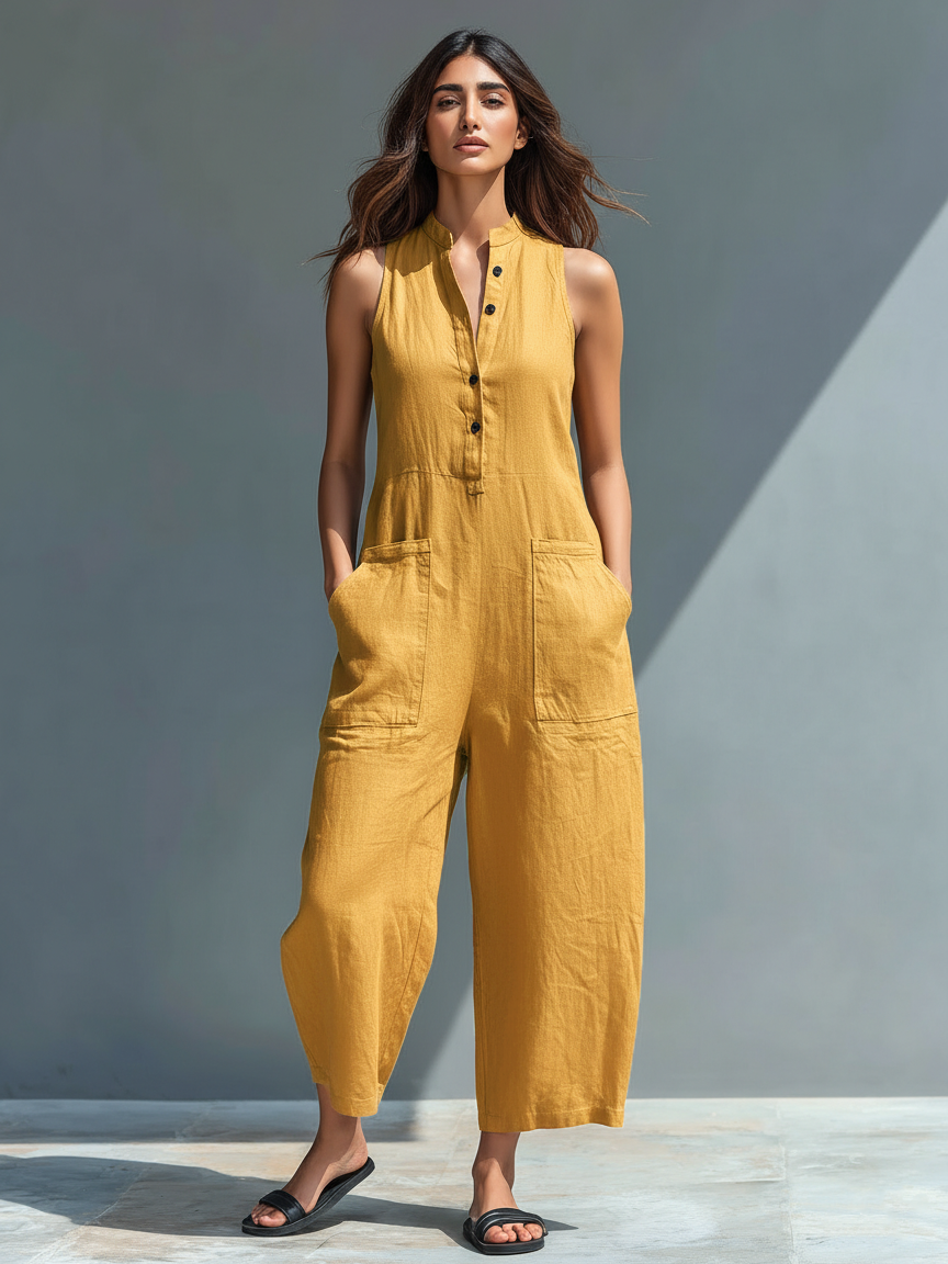 Women's Sleeveless Jumpsuit with Mandarin Collar and Relaxed Fit 6