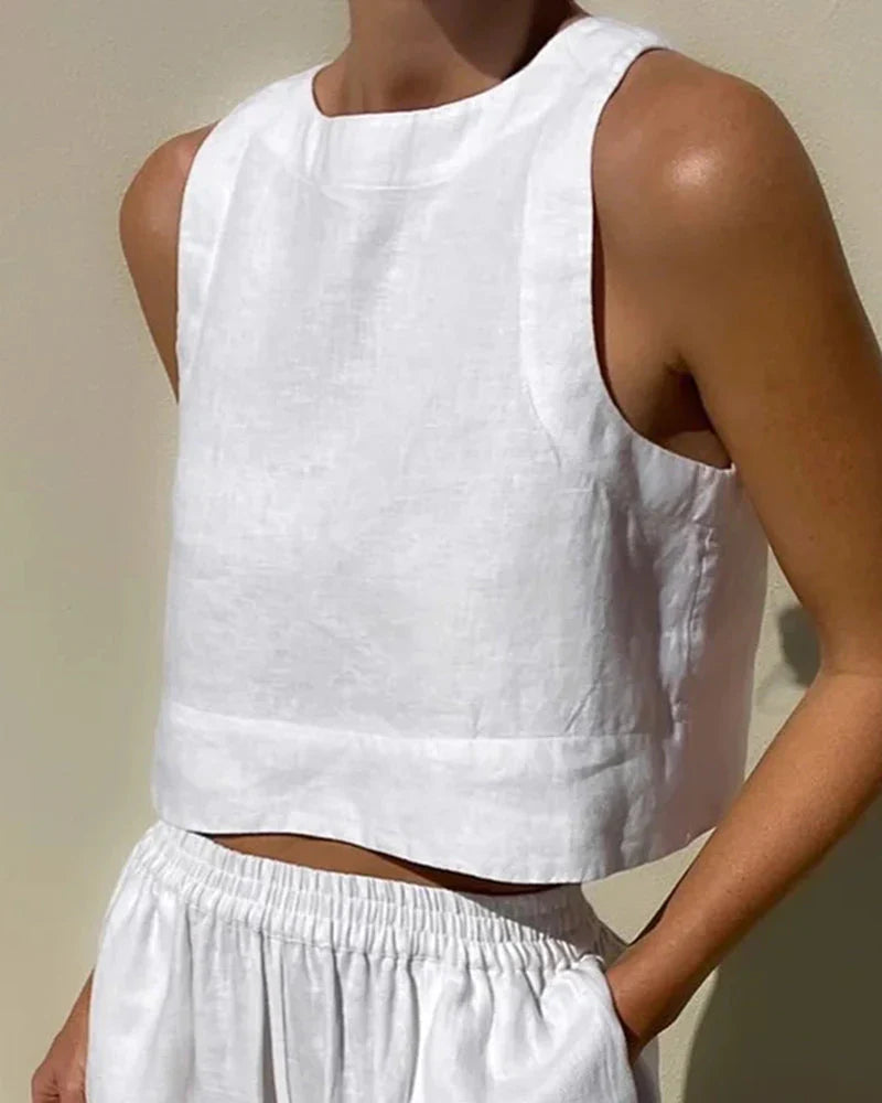 Women's Sleeveless Linen Crop Top and Wide-Leg Capri Pants Set 2