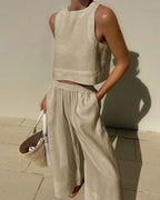 Women's Sleeveless Linen Crop Top and Wide-Leg Capri Pants Set 3