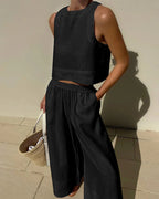 Women's Sleeveless Linen Crop Top and Wide-Leg Capri Pants Set 4