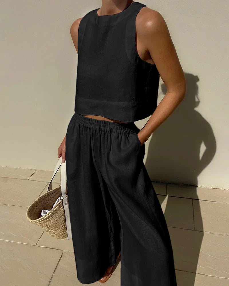 Women's Sleeveless Linen Crop Top and Wide-Leg Capri Pants Set 4