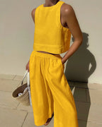 Women's Sleeveless Linen Crop Top and Wide-Leg Capri Pants Set 5