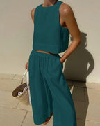 Women's Sleeveless Linen Crop Top and Wide-Leg Capri Pants Set 6
