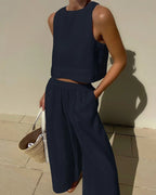 Women's Sleeveless Linen Crop Top and Wide-Leg Capri Pants Set 7