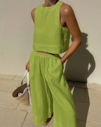 Women's Sleeveless Linen Crop Top and Wide-Leg Capri Pants Set 8