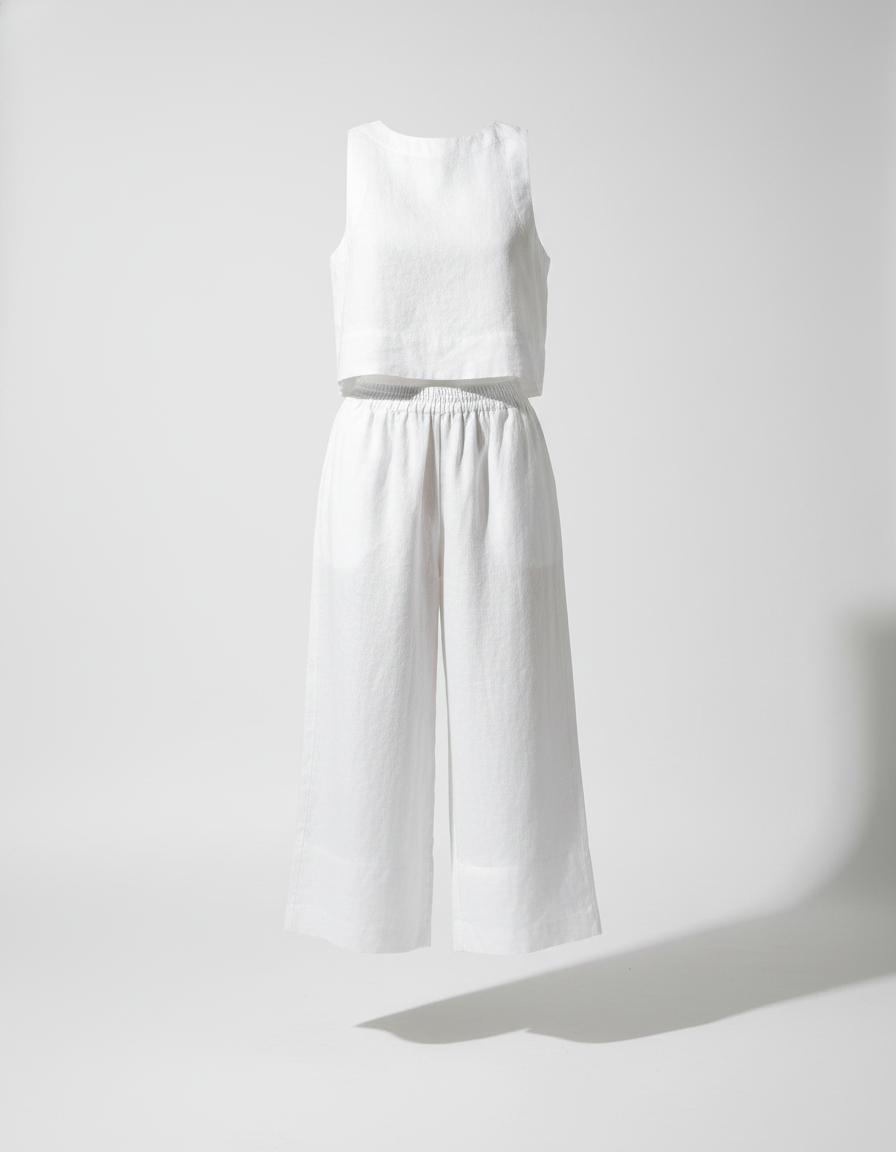Women's Sleeveless Linen Crop Top and Wide-Leg Capri Pants Set 1
