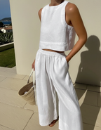 Women's Sleeveless Linen Crop Top and Wide-Leg Capri Pants Set 2