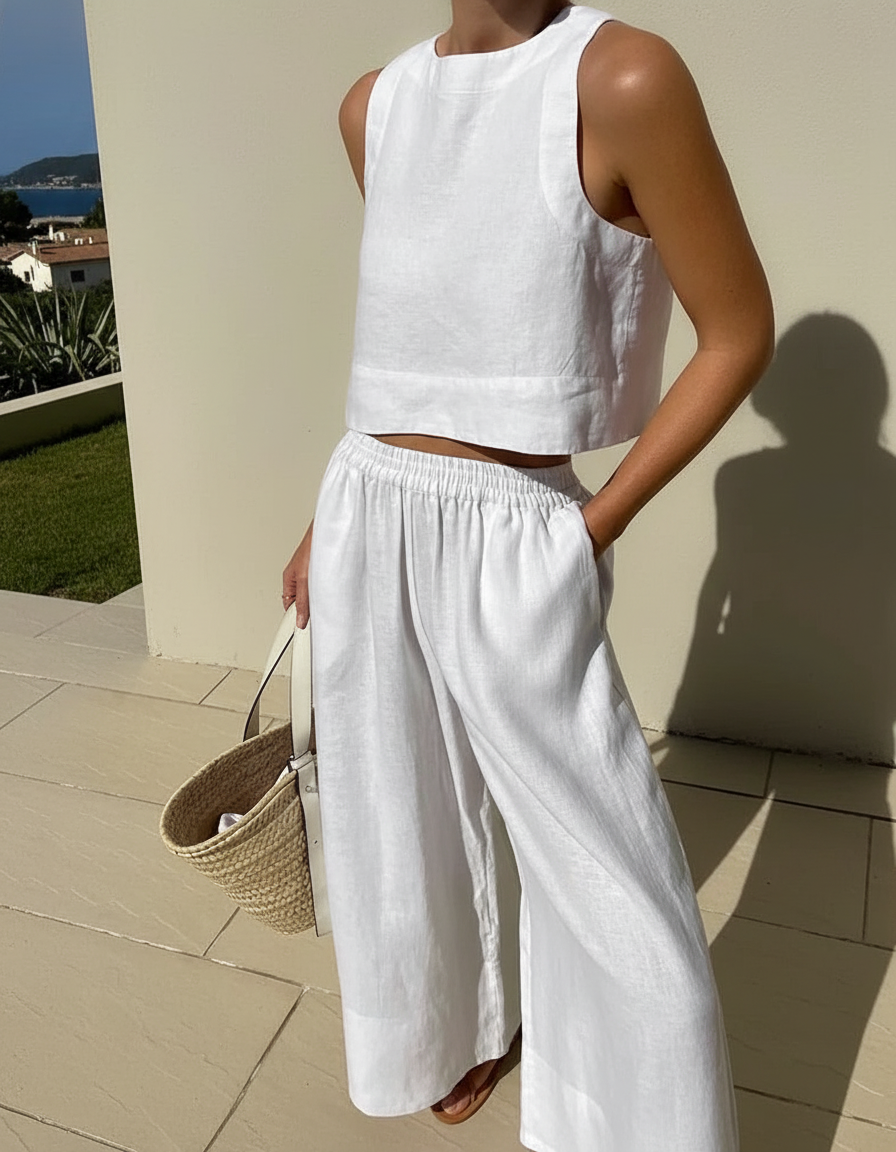Women's Sleeveless Linen Crop Top and Wide-Leg Capri Pants Set 2