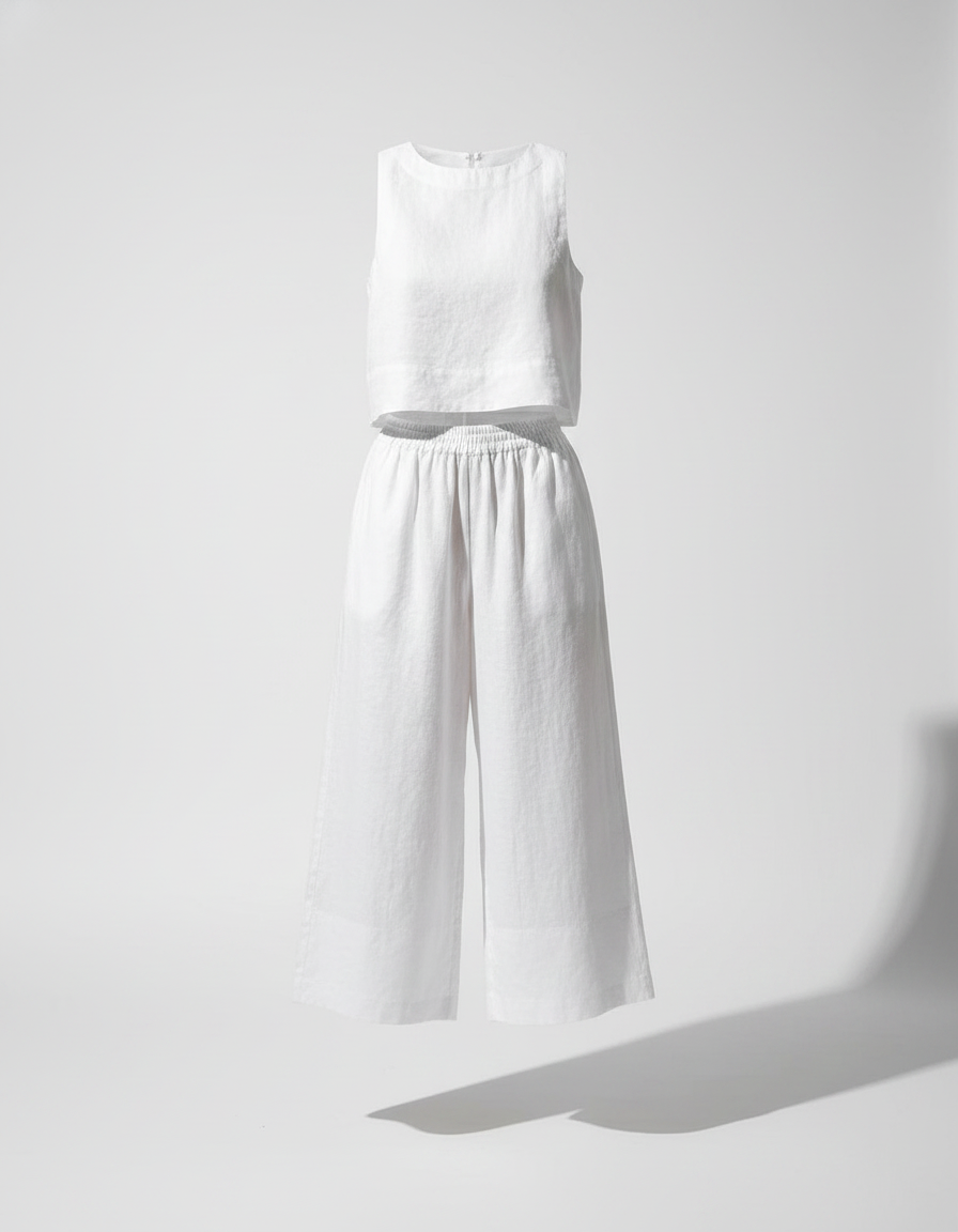Women's Sleeveless Linen Crop Top and Wide-Leg Capri Pants Set 3