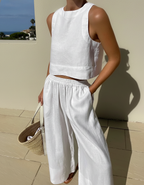 Women's Sleeveless Linen Crop Top and Wide-Leg Capri Pants Set 4