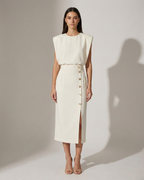 Women's Sleeveless Midi Dress with Button Detail and Front Slit 1