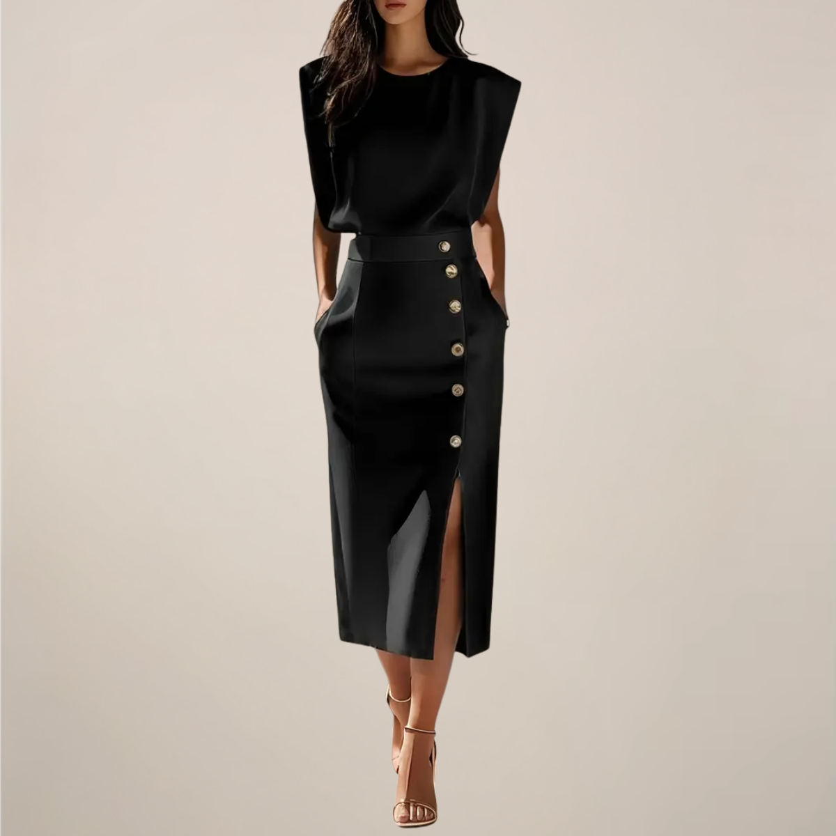 Women's Sleeveless Midi Dress with Button Detail and Front Slit 7