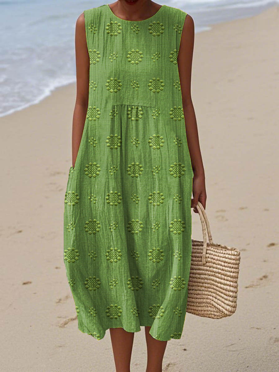 Women's Sleeveless Midi Dress with Circular Print Pattern 1