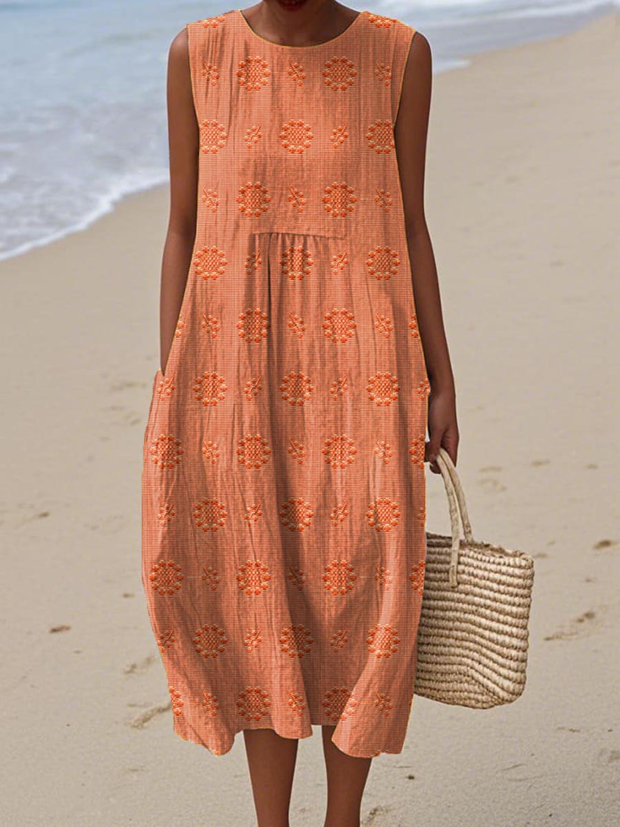 Women's Sleeveless Midi Dress with Circular Print Pattern 6