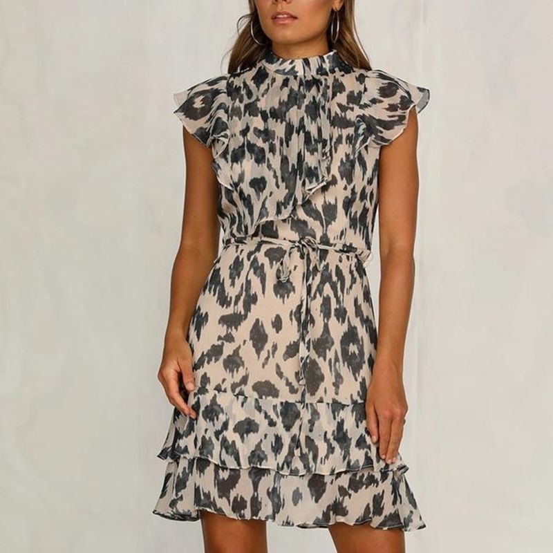 Women's Sleeveless Midi Dress with Ruffle Neckline and Belted Waist 1
