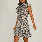 Women's Sleeveless Midi Dress with Ruffle Neckline and Belted Waist 2