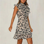 Women's Sleeveless Midi Dress with Ruffle Neckline and Belted Waist 3