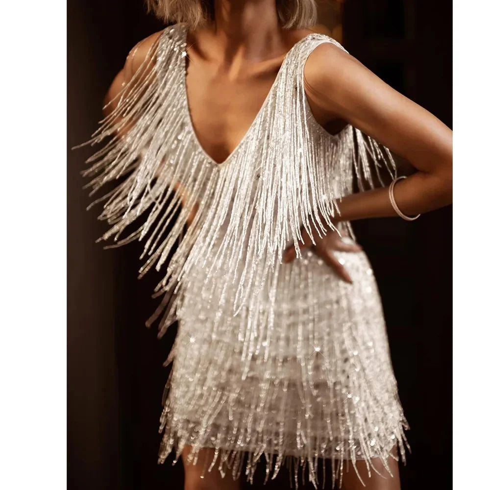 Women's Sleeveless Mini Dress with Fringe Detailing and Sequin Accents 3