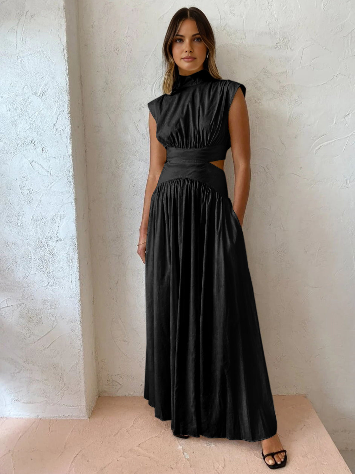 Women's Sleeveless Mock Neck Maxi Dress with Side Cutouts 2