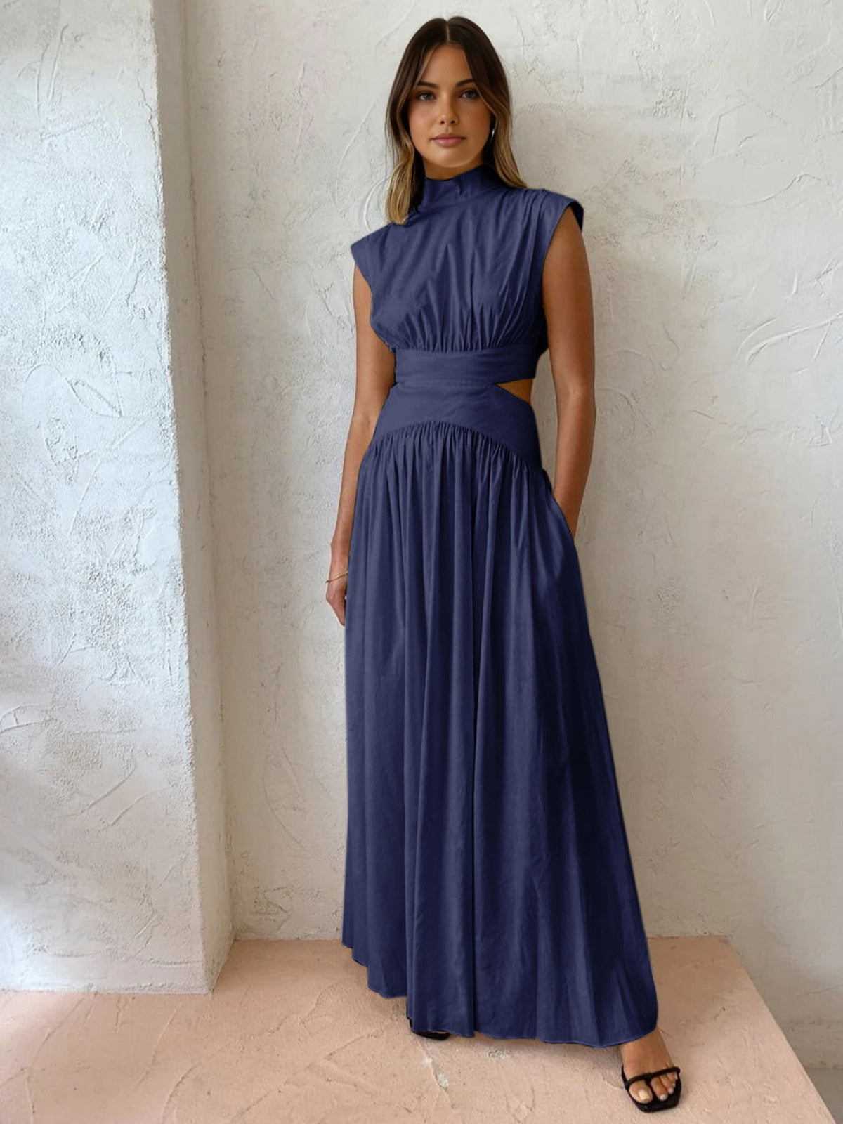 Women's Sleeveless Mock Neck Maxi Dress with Side Cutouts 3