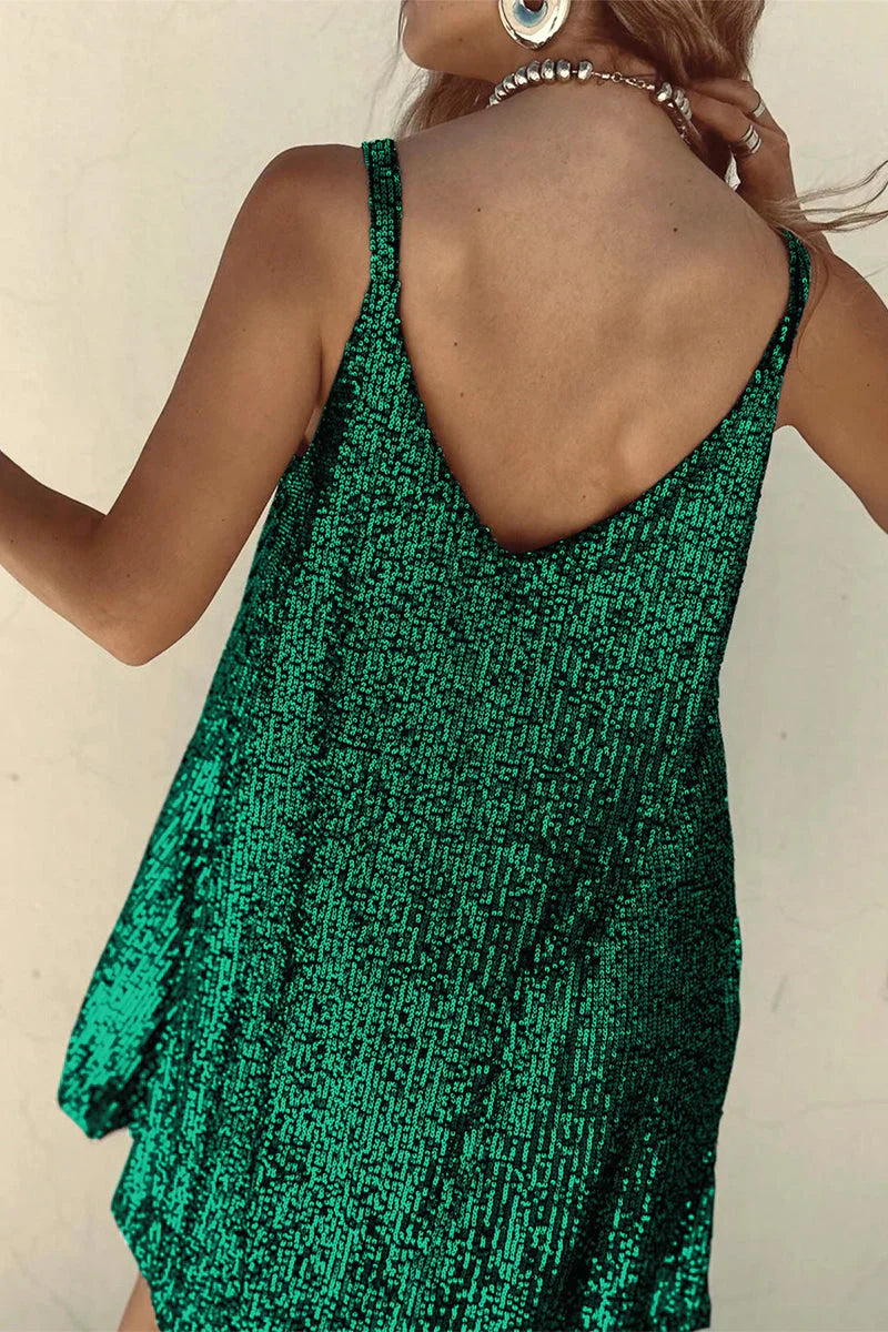 Women's Sleeveless Sequin Mini Dress with Round Neckline 13