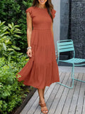 Women's Sleeveless Smocked Midi Dress with Flutter Sleeves and A-Line Skirt 1