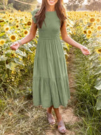 Women's Sleeveless Smocked Midi Dress with Flutter Sleeves and A-Line Skirt 10